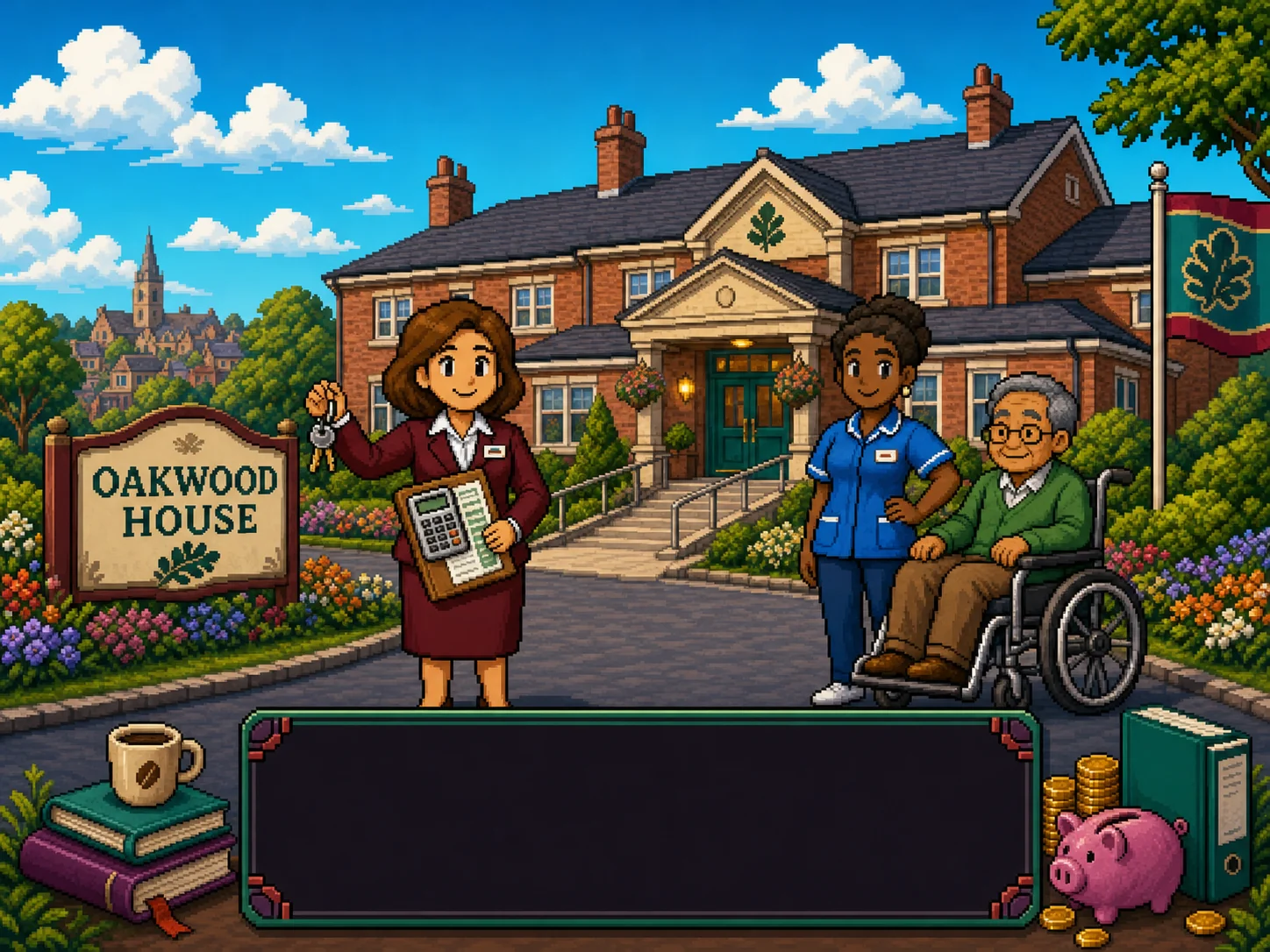 Pixel art of Oakwood House care home with the manager, a care worker and a resident.